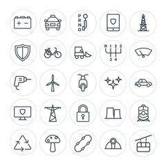 Modern Simple Set of transports, industry, nature, security Vector outline Icons. Contains such Icons as energy, skateboard,  cable, taxi and more on white background. Fully Editable. Pixel Perfect