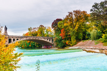 Autumn landscape by Isar river in Munich