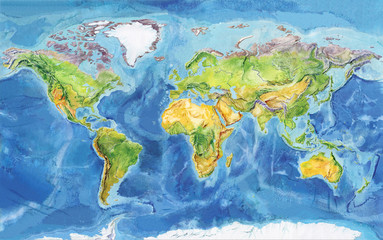 Watercolor geographical map of the world. Physical map of the world. Europe, Asia, Africa, Australia, North America, South America, Antarctica, Indonesia. A realistic image.