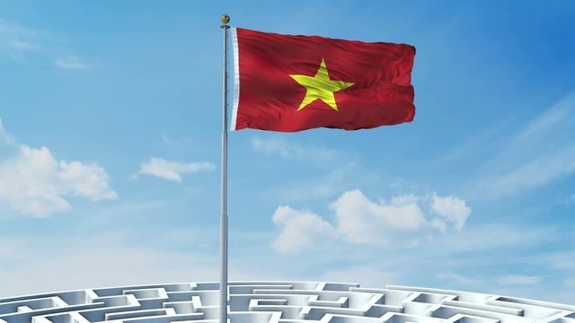 3D Animation of maze with a flag from Vietnam at the center