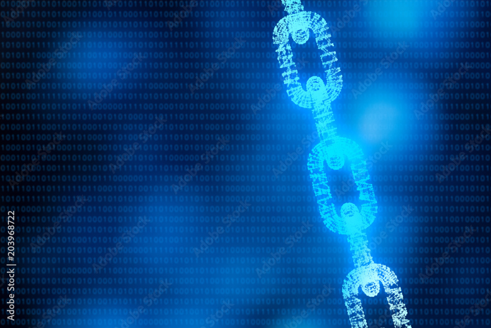 Poster blockchain digital illuminated shape with code. data node base technology concept. 3d illustration
