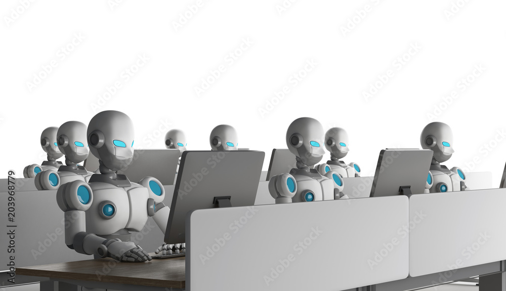 Poster group of robots using computers on white background. artificial intelligence in futuristic technolog