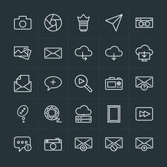 Modern Simple Set of cloud and networking, chat and messenger, video, photos, email Vector outline Icons. Contains such Icons as  add, error and more on dark background. Fully Editable. Pixel Perfect.