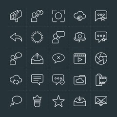 Modern Simple Set of cloud and networking, chat and messenger, video, photos, email Vector outline Icons. Contains such Icons as  cloud and more on dark background. Fully Editable. Pixel Perfect.