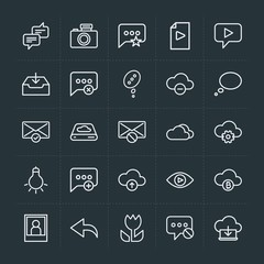 Modern Simple Set of cloud and networking, chat and messenger, video, photos, email Vector outline Icons. Contains such Icons as  movie and more on dark background. Fully Editable. Pixel Perfect.