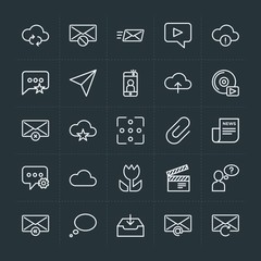 Modern Simple Set of cloud and networking, chat and messenger, video, photos, email Vector outline Icons. Contains such Icons as  error,  cd and more on dark background. Fully Editable. Pixel Perfect.