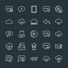 Modern Simple Set of cloud and networking, chat and messenger, video, photos, email Vector outline Icons. Contains such Icons as  add,  cd and more on dark background. Fully Editable. Pixel Perfect.