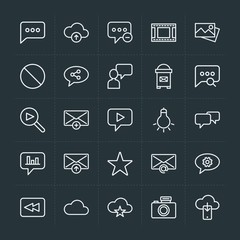 Modern Simple Set of cloud and networking, chat and messenger, video, photos, email Vector outline Icons. Contains such Icons as  rewind and more on dark background. Fully Editable. Pixel Perfect.