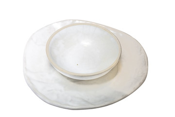 White dish isolated on wood background.Closed up.Clipping path