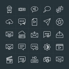 Modern Simple Set of cloud and networking, chat and messenger, video, photos, email Vector outline Icons. Contains such Icons as  tv, hd and more on dark background. Fully Editable. Pixel Perfect.