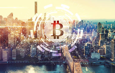 Fototapeta na wymiar Bitcoin with the New York City skyline near Midtown