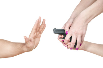 Fototapeta premium Adult stops a hand of the child with a gun , isolated on a white background