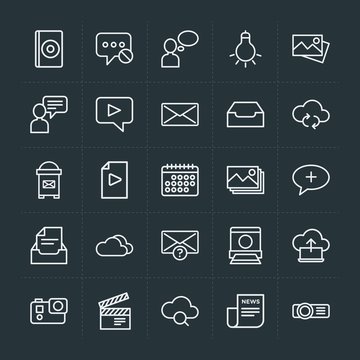 Modern Simple Set of cloud and networking, chat and messenger, video, photos, email Vector outline Icons. Contains such Icons as people, dvd and more on dark background. Fully Editable. Pixel Perfect.