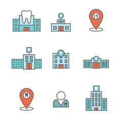 Dentist location icon set - dental images, dental building with windows