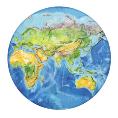 Watercolor geographical map of the world. Physical map of the world. Europe, Asia, Africa, Australia, North America, South America, Antarctica, Indonesia. A realistic image.