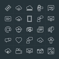 Modern Simple Set of cloud and networking, chat and messenger, video, photos, email Vector outline Icons. Contains such Icons as  scroll and more on dark background. Fully Editable. Pixel Perfect.