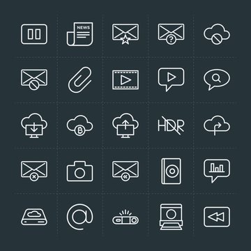 Modern Simple Set of cloud and networking, chat and messenger, video, photos, email Vector outline Icons. Contains such Icons as newspaper and more on dark background. Fully Editable. Pixel Perfect.