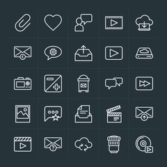 Modern Simple Set of cloud and networking, chat and messenger, video, photos, email Vector outline Icons. Contains such Icons as cloud,  sms and more on dark background. Fully Editable. Pixel Perfect.