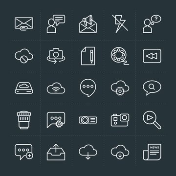 Modern Simple Set of cloud and networking, chat and messenger, video, photos, email Vector outline Icons. Contains such Icons as  question and more on dark background. Fully Editable. Pixel Perfect.