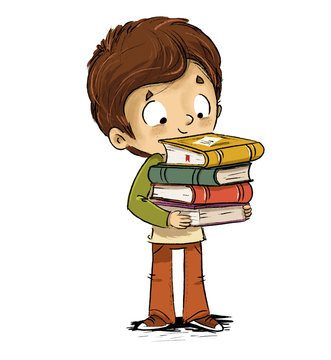 Niño con un monton de libros en las manos