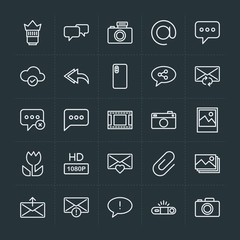 Modern Simple Set of cloud and networking, chat and messenger, video, photos, email Vector outline Icons. Contains such Icons as  lens, chat and more on dark background. Fully Editable. Pixel Perfect.