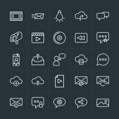 Modern Simple Set of cloud and networking, chat and messenger, video, photos, email Vector outline Icons. Contains such Icons as  cellular and more on dark background. Fully Editable. Pixel Perfect.