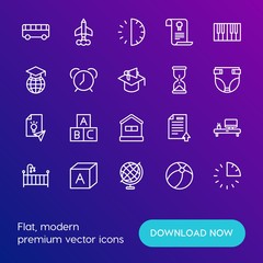 Modern Simple Set of time, education, kids and toys Vector outline Icons. Contains such Icons as ball, literature,  travel,  book, earth and more on gradient background. Fully Editable. Pixel Perfect.