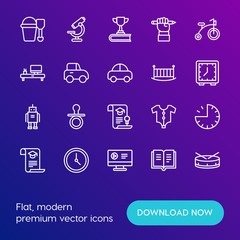 Modern Simple Set of time, education, kids and toys Vector outline Icons. Contains such Icons as  rock,  microscope,  minute,  skill and more on gradient background. Fully Editable. Pixel Perfect.