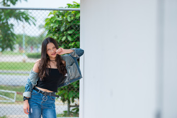 Portrait of beautiful asian chic girl pose for take a picture,Lifestyle of teen thailand people,Modern woman happy concept