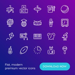 Modern Simple Set of time, education, kids and toys Vector outline Icons. Contains such Icons as time,  alphabet,  min,  measure,  wake and more on gradient background. Fully Editable. Pixel Perfect.