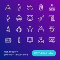 Modern Simple Set of time, education, kids and toys Vector outline Icons. Contains such Icons as  child,  bottle, baby,  car,  clock and more on gradient background. Fully Editable. Pixel Perfect.