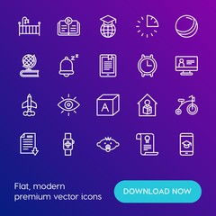 Modern Simple Set of time, education, kids and toys Vector outline Icons. Contains such Icons as  book,  baby, education,  strategy, bed and more on gradient background. Fully Editable. Pixel Perfect.