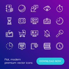 Modern Simple Set of time, education, kids and toys Vector outline Icons. Contains such Icons as  tutor,  school,  textbook, hour, ball and more on gradient background. Fully Editable. Pixel Perfect.