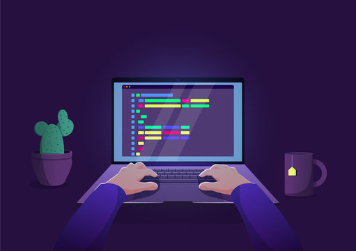 Man programmer working on computer with code on screen illustration.