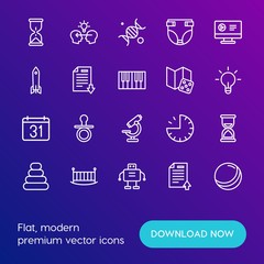 Modern Simple Set of time, education, kids and toys Vector outline Icons. Contains such Icons as  robot, game, bed,  biology, ball, hour and more on gradient background. Fully Editable. Pixel Perfect.