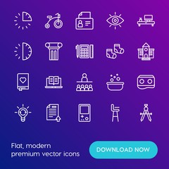 Modern Simple Set of time, education, kids and toys Vector outline Icons. Contains such Icons as  digital, literature,  business,  happy and more on gradient background. Fully Editable. Pixel Perfect.