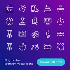 Modern Simple Set of time, education, kids and toys Vector outline Icons. Contains such Icons as  time,  instrument,  puzzle,  infant and more on gradient background. Fully Editable. Pixel Perfect.