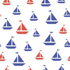 Marine seamless vector pattern with cute cartoon red and blue boats, hand drawn vector illustration for birthday, anniversary, party invitations, scrapbooking, prints, cards.