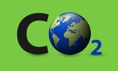 CO2 carbon dioxide with realistic earth planet logo vector icon isolated on green background.