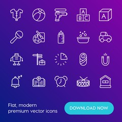 Modern Simple Set of time, education, kids and toys Vector outline Icons. Contains such Icons as physics,  job, time,  childhood, music and more on gradient background. Fully Editable. Pixel Perfect.