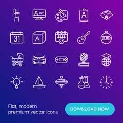 Modern Simple Set of time, education, kids and toys Vector outline Icons. Contains such Icons as  education,  baby, globe,  round,  rock and more on gradient background. Fully Editable. Pixel Perfect.