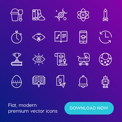 Modern Simple Set of time, education, kids and toys Vector outline Icons. Contains such Icons as  future,  sharing,  concept,  pomodoro and more on gradient background. Fully Editable. Pixel Perfect.