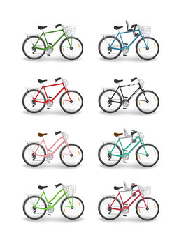 Set of bicycles isolated on white background. Vector illustration.