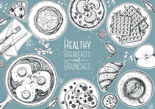 Breakfasts top view frame. Morning food menu design. Breakfast and brunches dishes collection. Vintage hand drawn sketch, vector illustration. Engraved style.