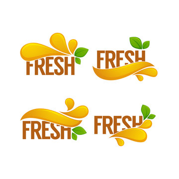vector collection of bright and shine logo, stickers, emblems and banners for orange fresh juice