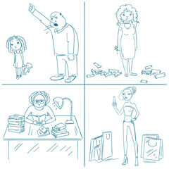 Vector handrawn illustrations in sketch style of the life situations, violence, anger, gluttony, exam, addict