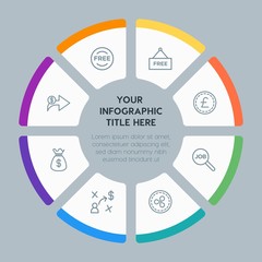 Circle chart business, money, shopping infographic template with 8 options for presentations, advertising, annual reports
