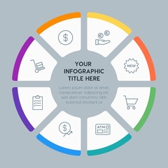 Circle chart business, money, shopping infographic template with 8 options for presentations, advertising, annual reports