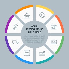 Circle chart business, money, shopping infographic template with 8 options for presentations, advertising, annual reports