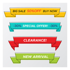 Collection of modern abstract sale banner in creative form. Minimal vintage design ribbon sign with promo offer title in bright colors. Vector illustration with sale tags for business promotion